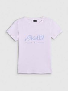 4F T-shirt slim z nadrukiem damski - biały L. Białe t-shirty 4f, l, bez wzorów, z dzianiny, bez kołnierzyka, bez ramiączek. Za 59,99 zł.