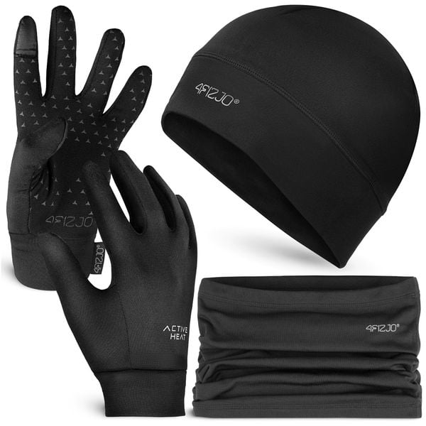 Zestaw termiczny unisex - czapka, komin i rękawiczki 4FIZJO. Czarne czapki 4FIZJO, bez wzorów, sportowe. Za 99,99 zł.