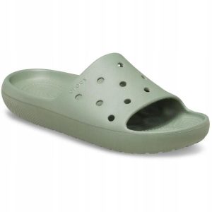 Klapki Dla Dorosłych Crocs Classic Slide V2. Zielone klapki Crocs, bez wzorów, z materiału, bez obcasa. Za 111,99 zł.