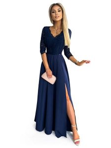 Numoco Sukienka w kolorze granatowym rozmiar: XL. Niebieskie sukienki NUMOCO, na imprezę, xl, bez wzorów, z koronki, bez kołnierzyka, bez ramiączek, maxi. Za 351,38 zł.