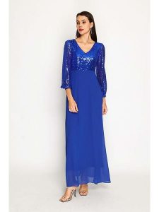 ASSUILI Sukienka w kolorze niebieskim rozmiar: 42. Niebieskie sukienki Assuili, bez wzorów, klasyczne, bez kołnierzyka, bez ramiączek, maxi. Za 208,99 zł.