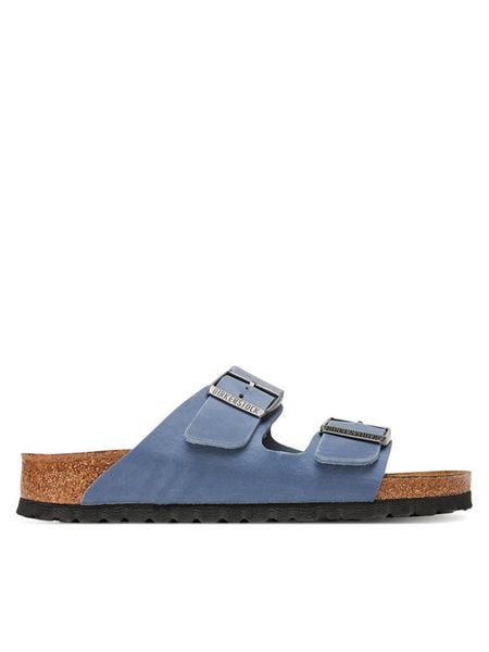 Birkenstock Klapki Arizona Sfb 1030864 Niebieski. Niebieskie klapki Birkenstock, bez wzorów, z nubiku, bez obcasa. Za 439,99 zł.