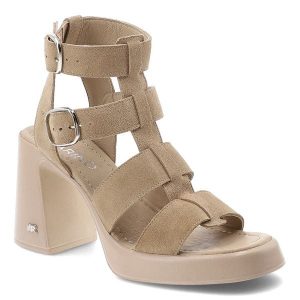 Sandały damskie Karino, cholewka ze skóry naturalnej welurowej wielopaskowa konstrukcja na stabilnym obcasie, beżowe, 5819/022-P. Brązowe kozaki Karino, bez wzorów, ze skóry, bez obcasa, bez zapięcia. Za 549,00 zł.