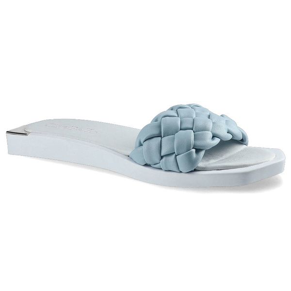 Klapki damskie Chebello, naturalna skóra licowa z szerokim plecionym paskiem wsuwaną konstrukcją oraz płaską podeszwą, niebieskie, 2609-366-PSK. Niebieskie klapki CheBello, bez wzorów, ze skóry, bez obcasa, na płaskiej podeszwie. Za 199,00 zł.