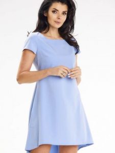 Sukienka Model A645 Light Blue - awama. Niebieskie sukienki Awama, na randkę, l, bez wzorów, z elastanu, z asymetrycznym kołnierzem, bez ramiączek, mini, asymetryczne. Za 247,31 zł.