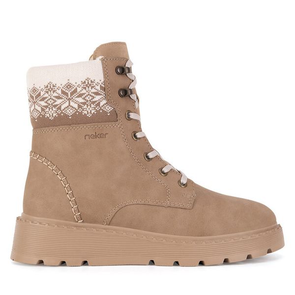 Trzewiki Rieker. Brązowe botki Rieker, bez wzorów, bez obcasa, na płaskiej podeszwie, bez zapięcia. Za 351,00 zł.