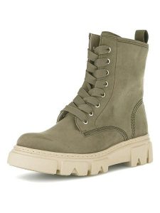 Gabor Skórzane botki w kolorze khaki rozmiar: 38,5. Brązowe botki Gabor, bez wzorów, z nubiku, bez obcasa, bez zapięcia. Za 307,46 zł.