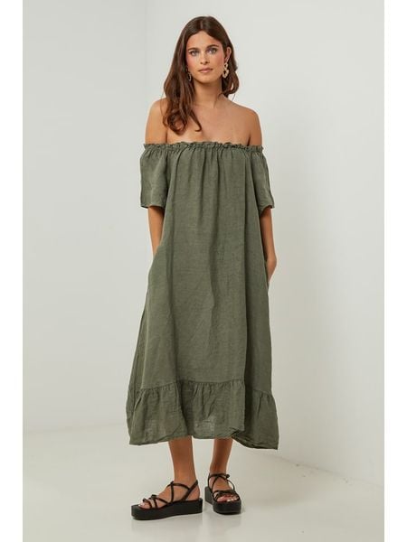 Lin Passion Lniana sukienka w kolorze zielonym rozmiar: 38/40. Zielone sukienki Lin Passion, bez wzorów, ze lnu, klasyczne, bez kołnierzyka, bez ramiączek, midi. Za 183,59 zł.