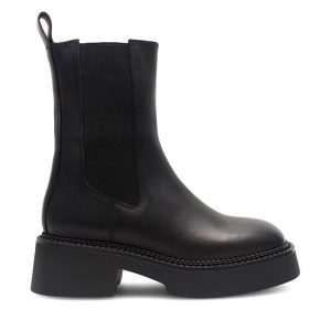 Sztyblety GINO ROSSI. Czarne botki Gino Rossi, bez wzorów, bez obcasa, na słupku, bez zapięcia. Za 429,99 zł.