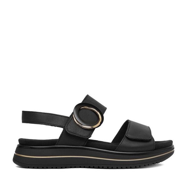 Sandały Remonte. Czarne sandały Remonte, bez wzorów, bez obcasa, na płaskiej podeszwie, bez zapięcia. Za 369,99 zł.