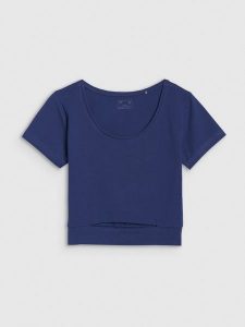 4F T-shirt crop top gładki damski - granatowy XL. Niebieskie t-shirty 4f, xl, bez wzorów, z bawełny, bez kołnierzyka, bez ramiączek. W wyprzedaży za 19,99 zł.