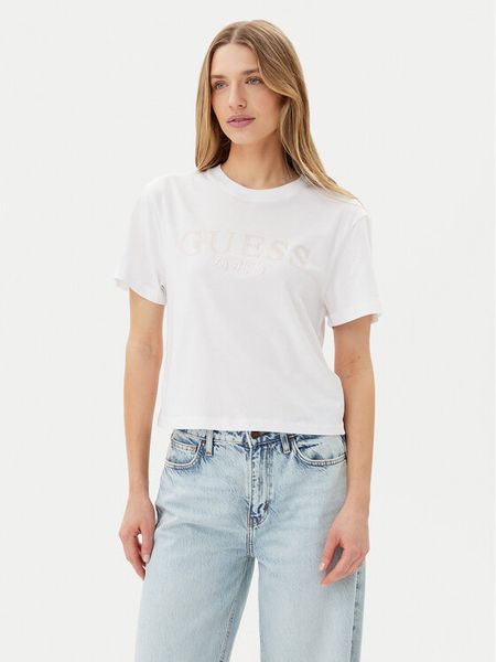 Guess T-Shirt V5GI09 K9RM1 Biały Regular Fit. Białe t-shirty Guess, xxs, z aplikacjami, z bawełny, bez kołnierzyka, bez ramiączek. Za 89,99 zł.