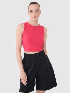 4F Crop top dzianinowy damski - różowy XS. Czerwone topy 4f, xs, bez wzorów, z bawełny, sportowe, bez kołnierzyka, bez ramiączek. W wyprzedaży za 29,99 zł.