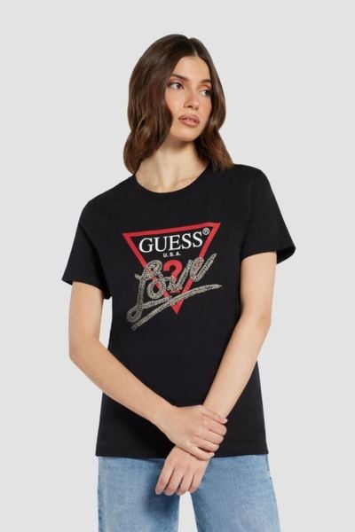 GUESS Czarny damski t-shirt bawełniany Love Tee, Rozmiar XS. Czarne t-shirty Guess, s, z aplikacjami, z bawełny, bez kołnierzyka, bez ramiączek. W wyprzedaży za 159,99 zł.