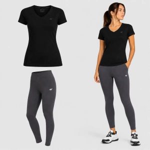 KOMPLET DAMSKI 4F T-SHIRT + LEGGINSY ZESTAW SPORTOWY NA CO DZIEŃ S SS26. Niebieskie legginsy 4f, bez wzorów, z bawełny. Za 119,98 zł.