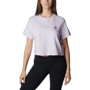 Koszulka trekkingowa damska Columbia North Cascades Cropped. Fioletowe bluzki Columbia, xs, bez wzorów, sportowe, bez kołnierzyka, bez ramiączek. Za 49,99 zł.