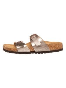 Birkenstock Klapki "Sydney" w kolorze szarobrązowym rozmiar: 37. Brązowe klapki Birkenstock, bez wzorów, z materiału, z otwartym noskiem, bez obcasa. Za 314,96 zł.