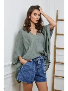 Fleur de Lin Lniana bluzka w kolorze khaki rozmiar: M. Brązowe bluzki Fleur de Lin, m, bez wzorów, ze lnu, z asymetrycznym kołnierzem, bez ramiączek. Za 188,85 zł.