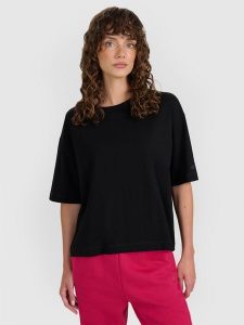 4F T-shirt oversize gładki damski - czarny XL. Czarne t-shirty 4f, xl, bez wzorów, z bawełny, bez kołnierzyka, bez ramiączek. Za 59,99 zł.