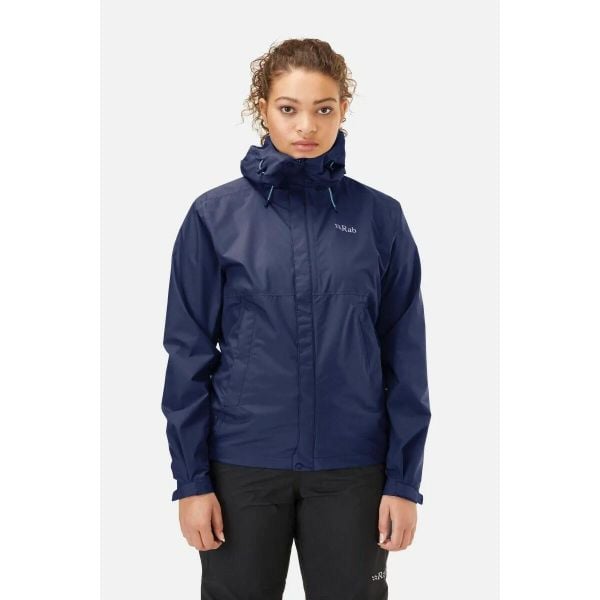 Kurtka przeciwdeszczowa damska Rab Downpour Eco Jacket z kapturem. Niebieskie kurtki RAB, bez wzorów, z kapturem. Za 369,99 zł.