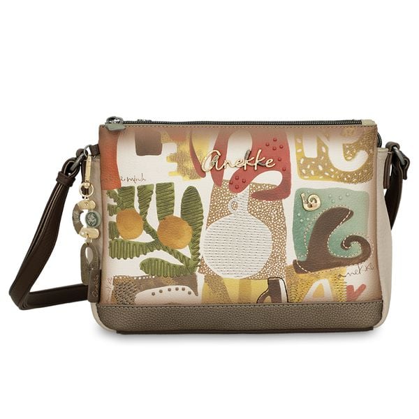 Torebka damska Anekke, elegancka mała z regulowanym paskiem i 3 komorami, multikolor, 42713-184. Brązowe listonoszki Anekke, z aplikacjami, małe, zdobione, bez dodatków. Za 369,00 zł.