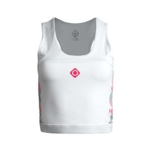 Elegancja i wygoda Eagle Top z krzyżującym się tyłem i oddychającą tkaniną. Białe topy Izas, bez wzorów, z nylonu, sportowe, bez kołnierzyka, bez ramiączek. Za 139,09 zł.