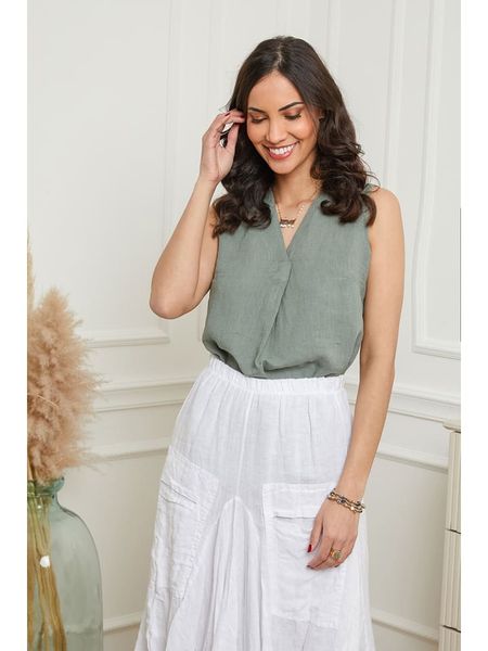 Le Monde du Lin Lniany top w kolorze zielonym rozmiar: 34/36. Zielone topy Le Monde du Lin, bez wzorów, ze lnu, klasyczne, bez kołnierzyka, bez ramiączek. Za 108,99 zł.