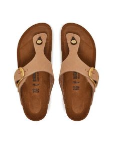 Birkenstock Japonki Gizeh Big Buckle LENB 1024007 Beżowy. Brązowe klapki Birkenstock, bez wzorów, z nubiku, bez obcasa. Za 486,99 zł.