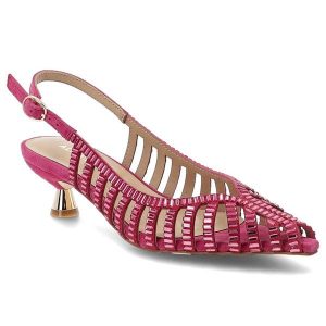 Czółenka damskie Alma En Pena, cholewka z materiału o plecionym, ażurowym wykończeniu zapięcie na pasek wokół pięty spiczasty nosek, różowe, V265200. Czerwone czółenka Alma en Pena, w ażurowe wzory, bez obcasa, na słupku, bez zapięcia. Za 609,00 zł.