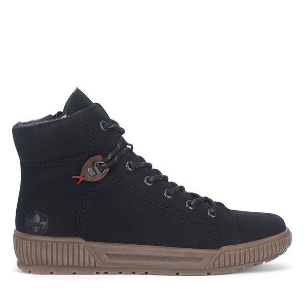 Trzewiki Rieker. Czarne botki Rieker, bez wzorów, bez obcasa, na płaskiej podeszwie, bez zapięcia. Za 244,99 zł.