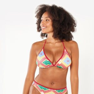 Góra kostiumu kąpielowego surfingowego damska Olaian Mae Sangria. Zielone bikini OLAIAN, bez wzorów, z elastanu. Za 39,99 zł.