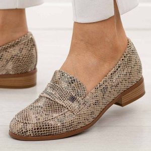 Wąż mokasyny damskie Potocki 12786. Brązowe półbuty POTOCKI, na jesień, bez wzorów, z jeansu, bez obcasa, na płaskiej podeszwie, bez zapięcia. Za 189,00 zł.