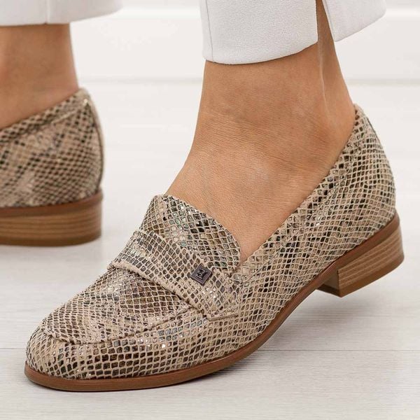 Wąż mokasyny damskie Potocki 12786. Brązowe półbuty POTOCKI, na jesień, bez wzorów, z jeansu, bez obcasa, na płaskiej podeszwie, bez zapięcia. Za 189,00 zł.