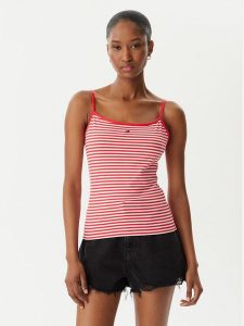 Tommy Jeans Top Essential DW0DW20675 Czerwony jasny Slim Fit. Czerwone topy Tommy Jeans, xs, bez wzorów, z bawełny, bez kołnierzyka, bez ramiączek. Za 109,99 zł.