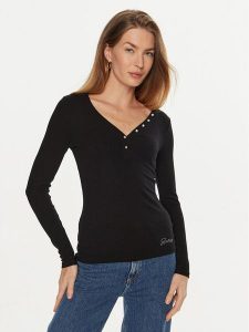 Guess Bluzka Kyla W4BP51 KBCO2 Czarny Regular Fit. Czarne bluzki Guess, l, z aplikacjami, z wiskozy, bez kołnierzyka, bez ramiączek. Za 169,99 zł.