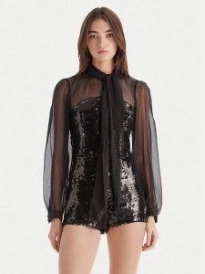 Bardot Kombinezon Daveen 60089PB Czarny Regular Fit. Czarne sukienki Bardot, bez wzorów, z syntetyku, bez kołnierzyka, bez ramiączek. Za 689,99 zł.