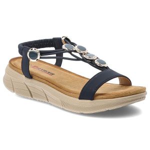 Sandały damskie Artiker, cholewka ze skóry ekologicznej cienkie paski z przodu elastyczny pasek na pięcie ozdobne metalowe detale, granatowe, 58C0005. Niebieskie sandały ARTIKER, bez wzorów, ze skóry ekologicznej, bez obcasa, na platformie, bez zapięcia. Za 169,00 zł.