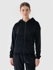 4F Bluza dresowa z weluru rozpinana z kapturem damska - czarna S. Czarne bluzy 4f, s, bez wzorów, z dresówki, z kapturem. W wyprzedaży za 79,99 zł.