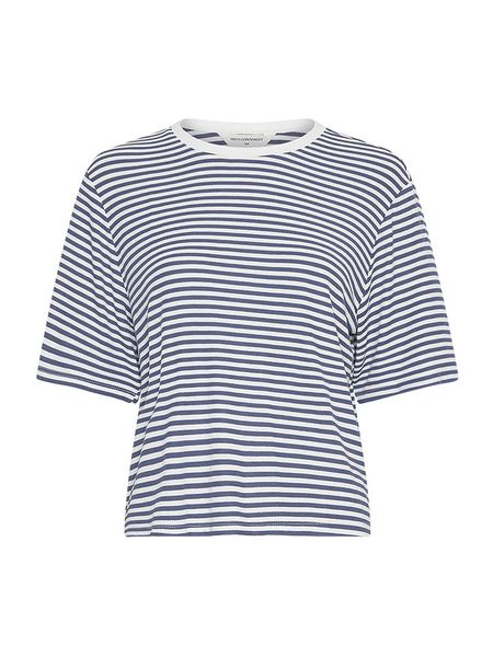 MOSS COPENHAGEN Koszulka "Jana" w kolorze granatowo-kremowym rozmiar: XS/S. Brązowe bluzki Moss Copenhagen, s, bez wzorów, bez kołnierzyka, bez ramiączek. Za 83,42 zł.