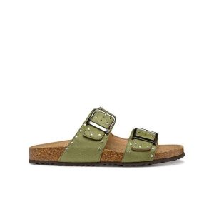 Sandały damskie Geox Brionia R I. Zielone sandały Geox, bez wzorów, bez obcasa, bez zapięcia. W wyprzedaży za 223,00 zł.