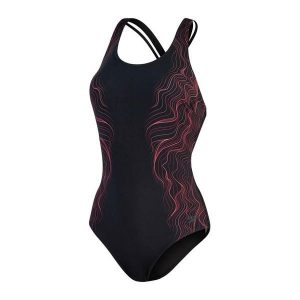 Damski 1-częściowy kostium kąpielowy z nadrukiem Speedo Calypso Shaping. Czarne stroje jednoczęściowe Speedo, bez wzorów. W wyprzedaży za 279,50 zł.