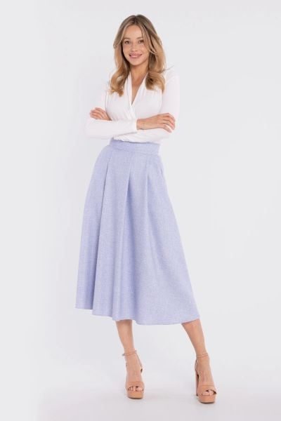 Rozkloszowana spódnica z wysokim stanem niebieska. Niebieskie spódnice Stylove, l, bez wzorów, z poliesteru, eleganckie, midi. Za 289,00 zł.