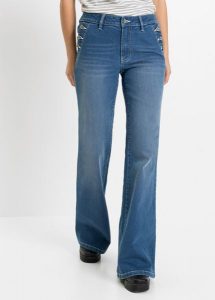 Dżinsy Bootcut, mid waist, bawełna organiczna. Niebieskie jeansy bonprix, bez wzorów, z bawełny. Za 159,99 zł.