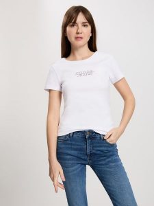 Cross Jeans Koszulka w kolorze białym rozmiar: L. Białe bluzki Cross Jeans, l, bez wzorów, z bawełny, bez kołnierzyka, bez ramiączek. Za 43,88 zł.