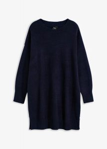 Sukienka dzianinowa oversize. Brązowe sukienki bonprix, bez wzorów, z dzianiny, bez kołnierzyka, bez ramiączek, oversize. Za 77,99 zł.
