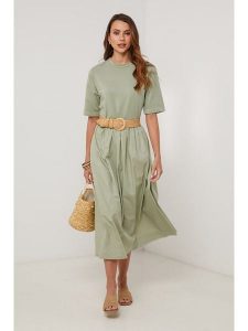 Lin Passion Sukienka w kolorze khaki rozmiar: 40/42. Brązowe sukienki Lin Passion, bez wzorów, z bawełny, klasyczne, bez kołnierzyka, bez ramiączek, midi. Za 157,35 zł.