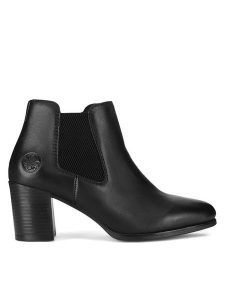 Rieker Botki 50194-00 Czarny. Czarne botki Rieker, bez wzorów, ze skóry, bez obcasa, na słupku, bez zapięcia. Za 299,99 zł.