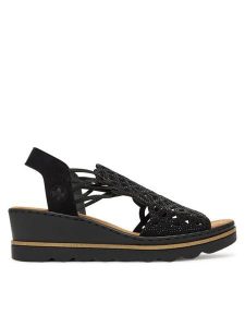 Rieker Sandały CEO-67465-00 Czarny. Czarne sandały Rieker, bez wzorów, z materiału, bez obcasa, na koturnie, bez zapięcia. Za 349,99 zł.