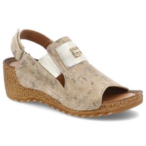 Złote Sandały Armodo Eleganckie Obuwie Damskie Na Koturnie. Żółte sandały Armodo, bez wzorów, ze skóry, bez obcasa, na koturnie, bez zapięcia. Za 339,00 zł.