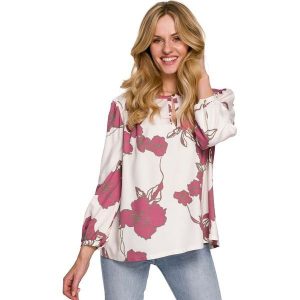 Wiskozowa Bluzka w Kwiaty z Bufiastym Rękawem - Model 2. Brązowe bluzki MOE, l, bez wzorów, z materiału, bez kołnierzyka, bez ramiączek. Za 244,90 zł.
